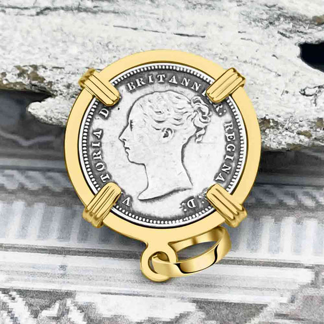 British Royal Maundy Silver 1852 Queen Victoria Fourpence 14K Gold Pendant