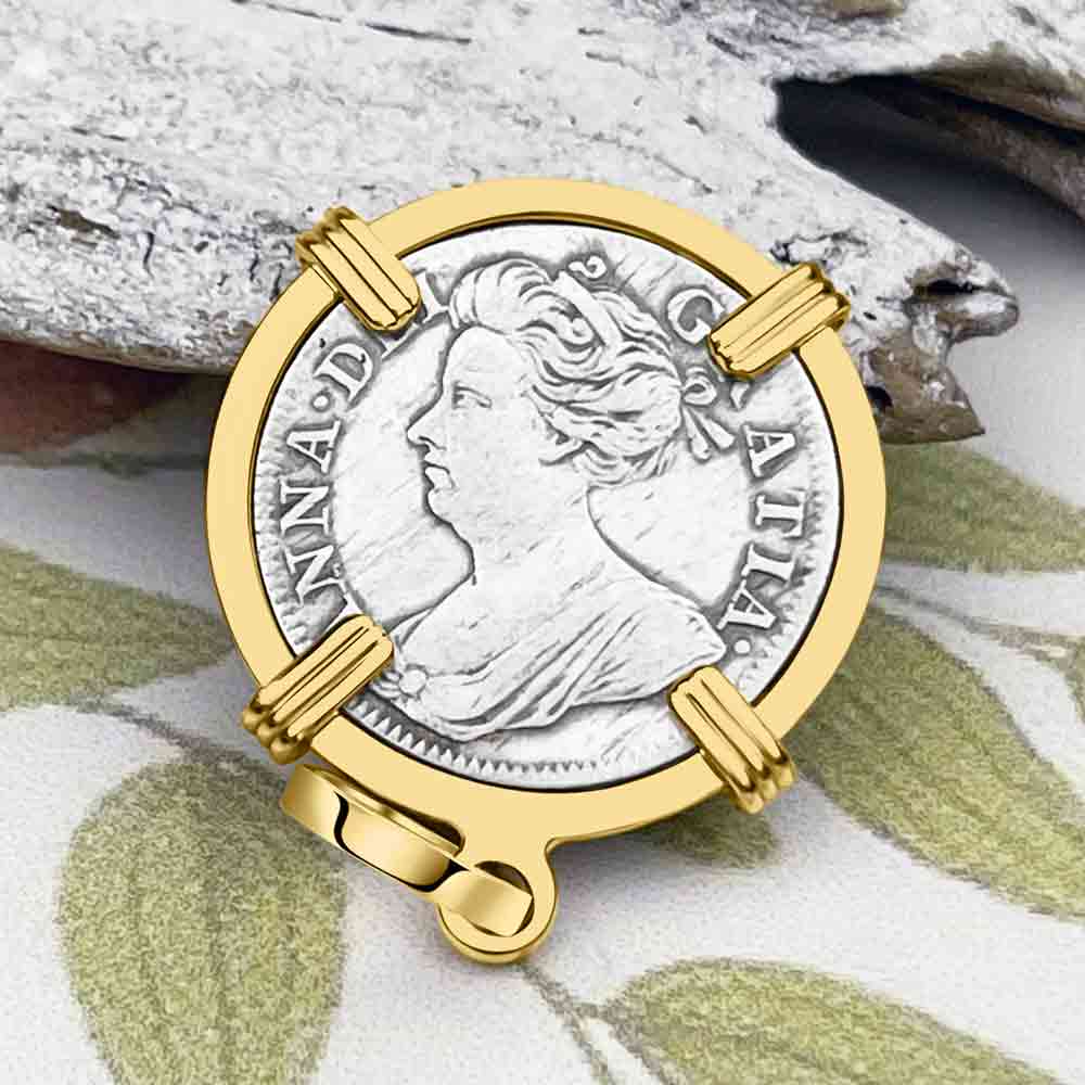 British Royal Maundy Silver 1710 Queen Anne Fourpence 14K Gold Pendant