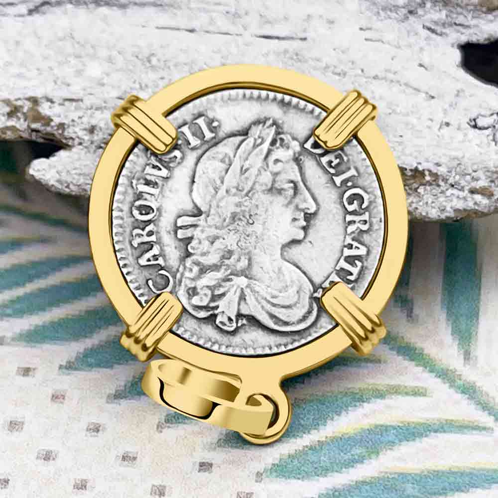 British Royal Maundy Silver 1680 King Charles II Threepence 14K Gold Pendant