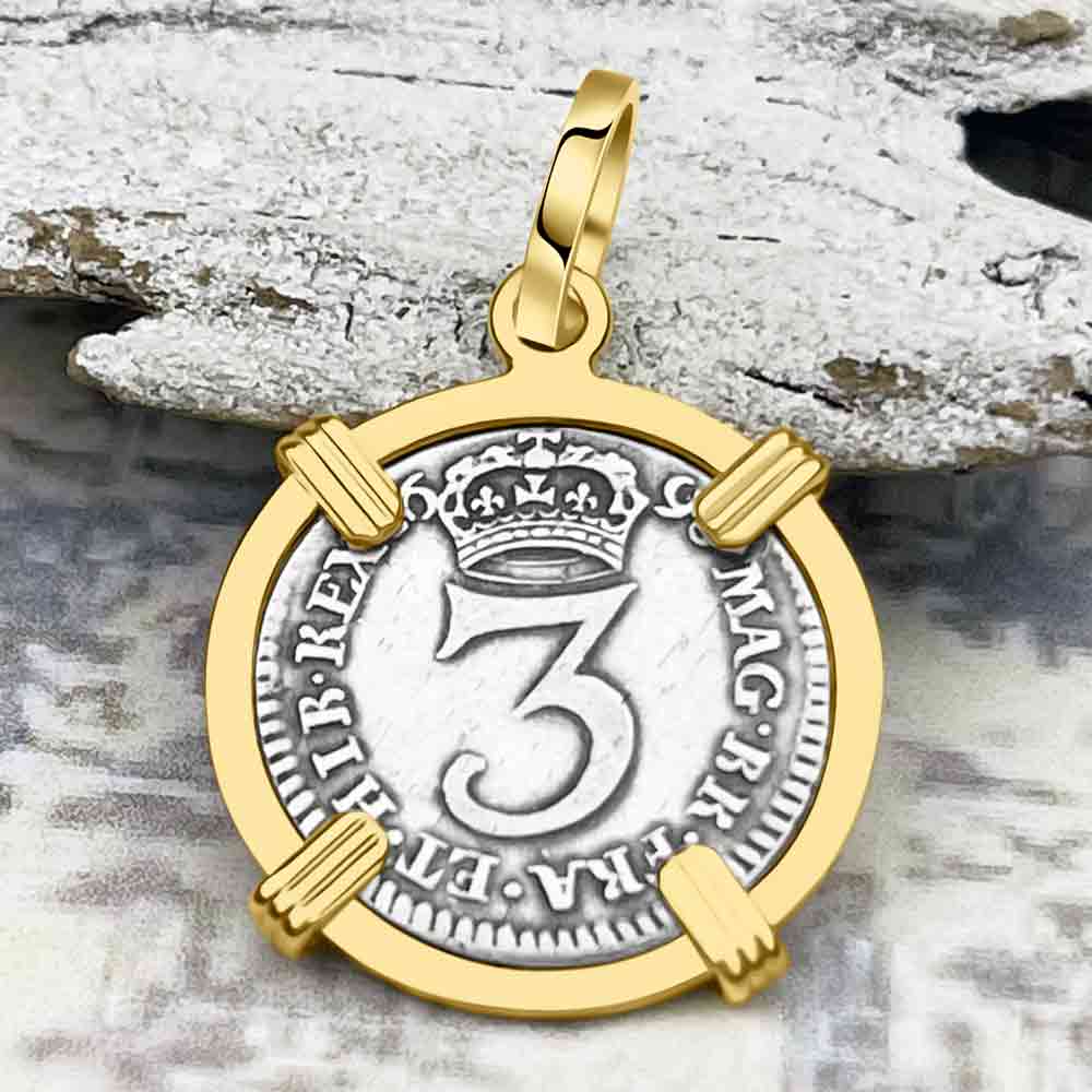 British Royal Maundy Silver 1698 King William III Threepence 14K Gold Pendant
