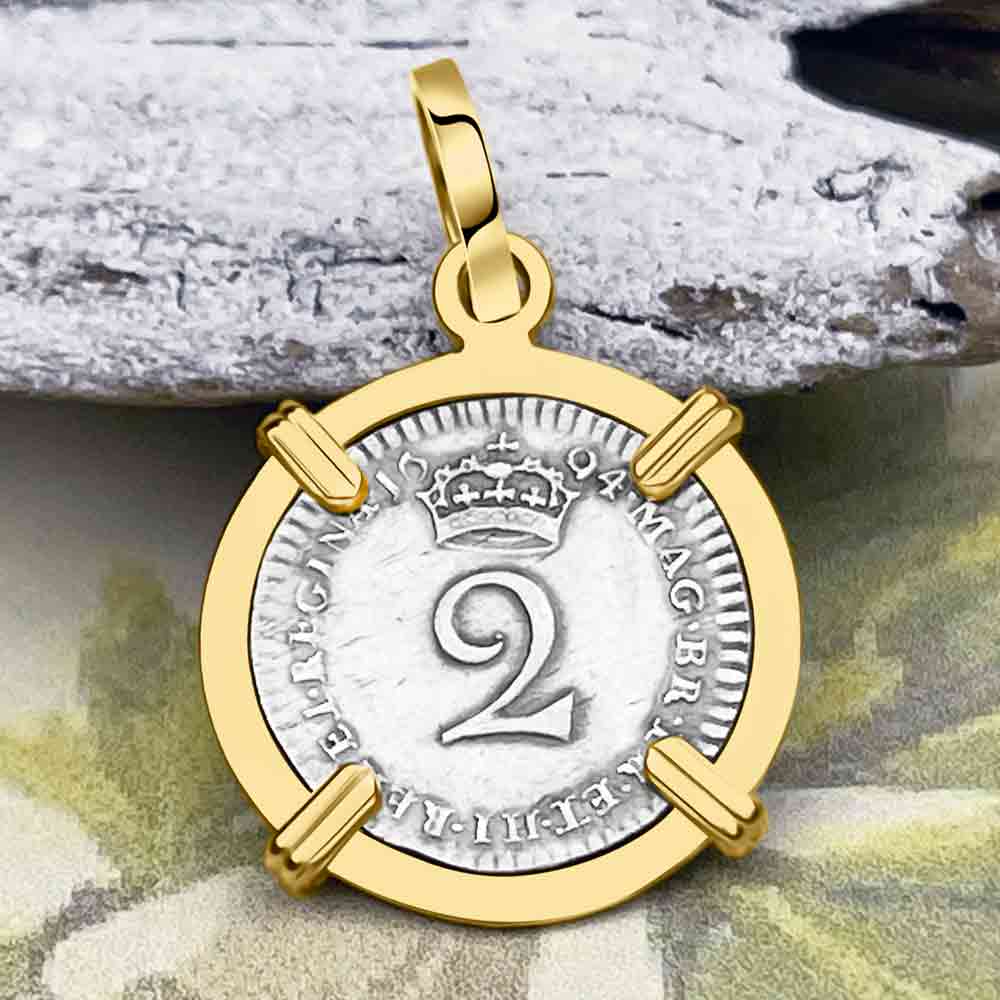 British Royal Maundy Silver 1694 William and Mary Twopence 14K White Gold Pendant