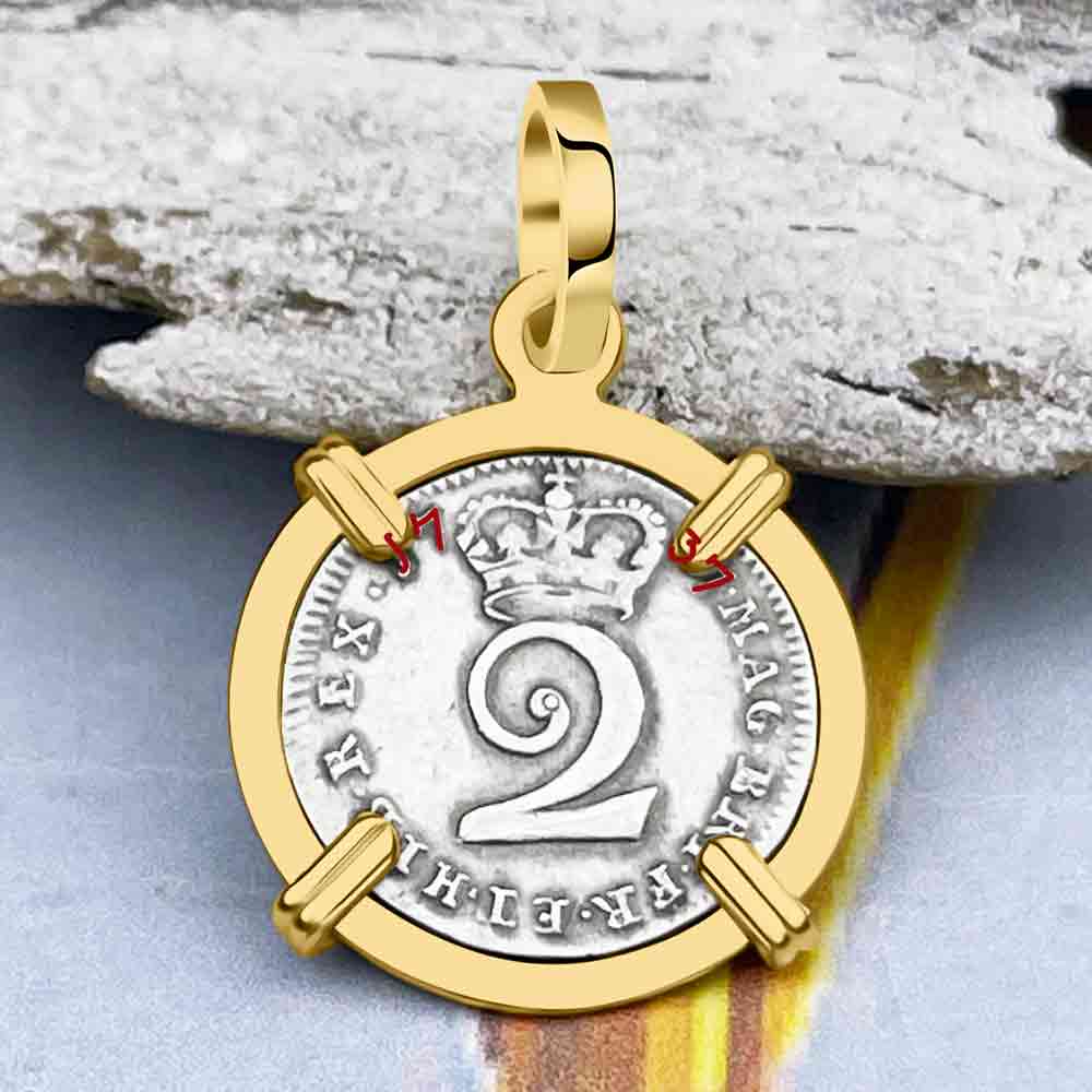 British Royal Maundy Silver 1737 King George II Twopence 14K Gold Pendant
