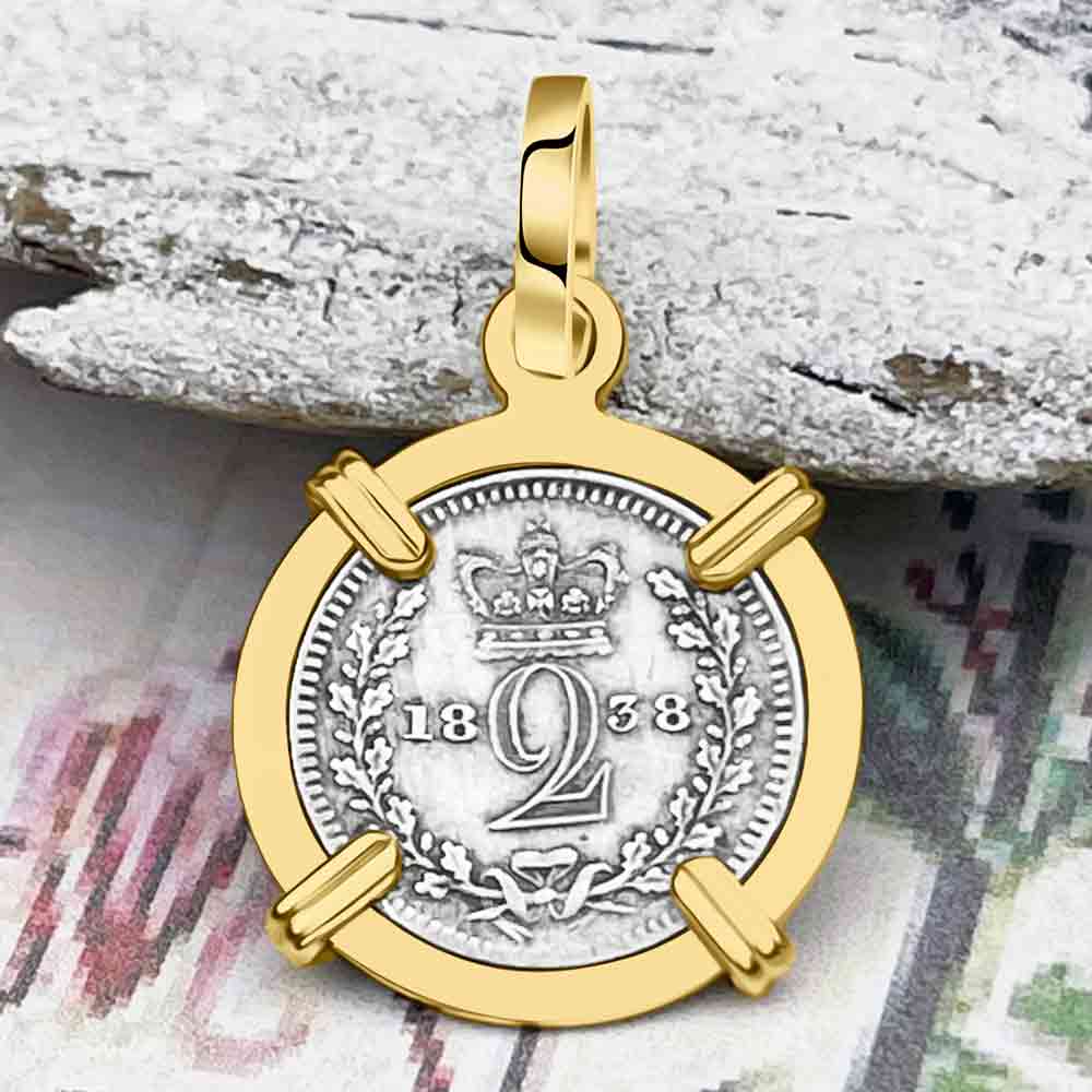 British Royal Maundy Silver 1838 Queen Victoria Twopence 14K Gold Pendant