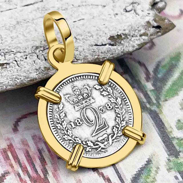 British Royal Maundy Silver 1838 Queen Victoria Twopence 14K Gold Pendant