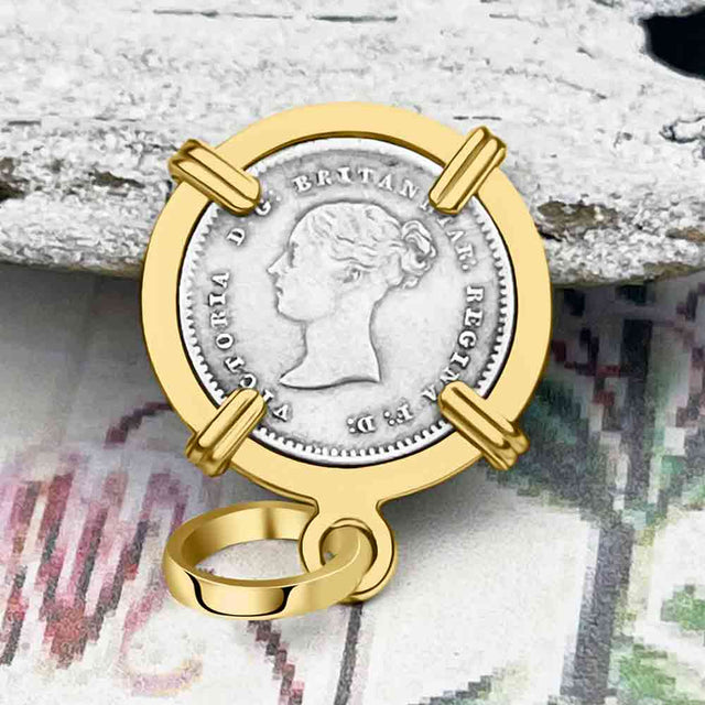 British Royal Maundy Silver 1838 Queen Victoria Twopence 14K Gold Pendant