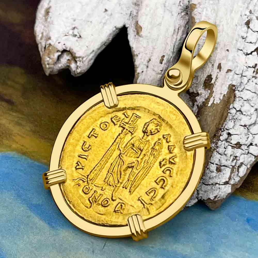 Roman Byzantine Empire "Victory" Angel 24K Gold Solidus Coin circa 491 AD 18K Gold Pendant