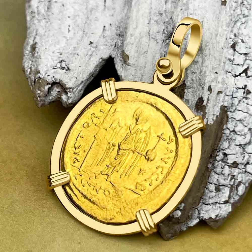 Byzantine Empire Gold Victory Angel Solidus Coin Circa 545 AD in 18K Gold Pendant