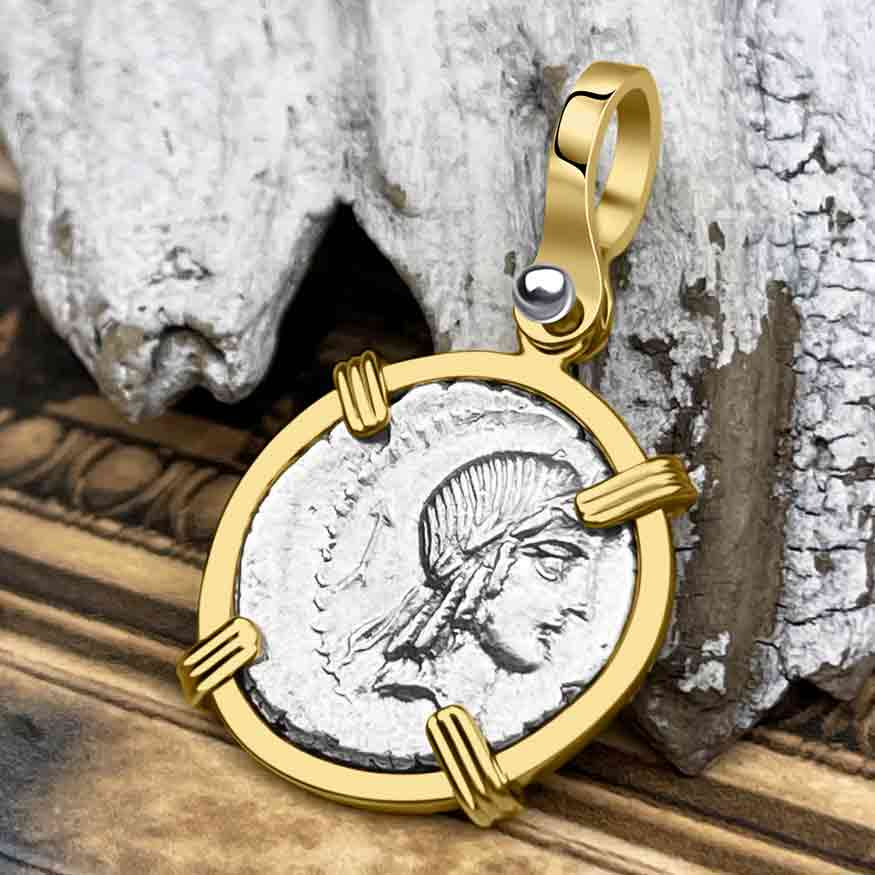 Roman Republic Silver Denarius 90 BC Apollo and the Horseman Coin 14K Gold PendantRoman Republic Silver Denarius 90 BC Apollo and the Horseman Coin 14K Gold Pendant