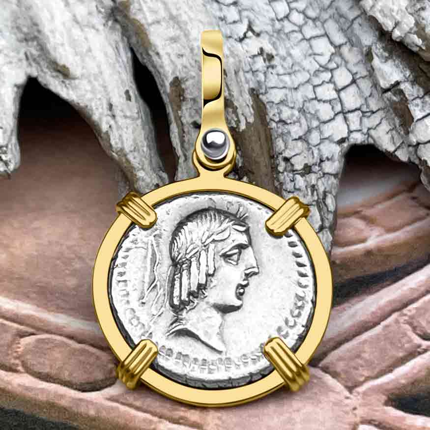 Roman Republic Silver Denarius 90 BC Apollo and the Horseman Coin 14K Gold Pendant