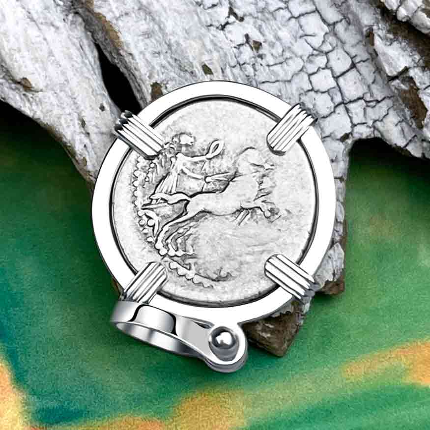 Roman Republic Silver Denarius 46 BC Victory Sterling Silver Pendant