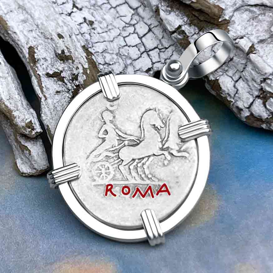 Roman Republic Silver Denarius 175 BC Roma & Luna Sterling Silver Pendant