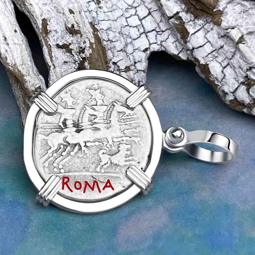 Roman Republic Silver Denarius 146 BC Roma & the Gemini Twins Sterling Silver Pendant