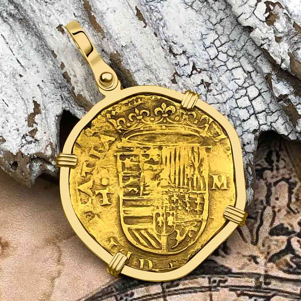 Rare Pirate Era Toledo Mint Circa 1565 22K Gold Two Escudo - the Legendary Doubloon - 18K Gold Pendant
