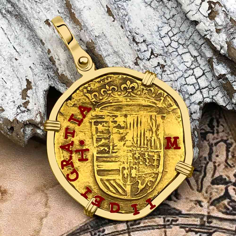 Rare Pirate Era Toledo Mint Circa 1565 22K Gold Two Escudo - the Legendary Doubloon - 18K Gold Pendant