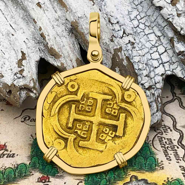 RARE Dated 1632 Pirate Era 22K Gold Four Escudo - the Legendary Doubloon - 18K Gold Pendant