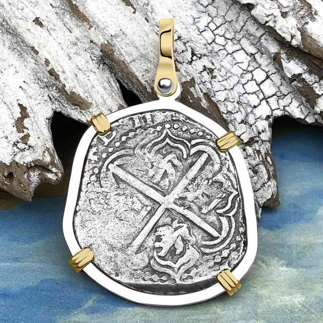 Atocha Era Land Find Spanish 2 Reale Piece of Eight 14K Gold and Sterling Silver Pendant