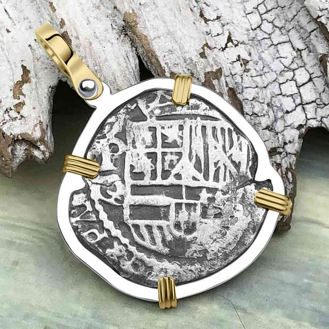 Atocha Era Land Find Spanish 2 Reale Piece of Eight 14K Gold and Sterling Silver Pendant