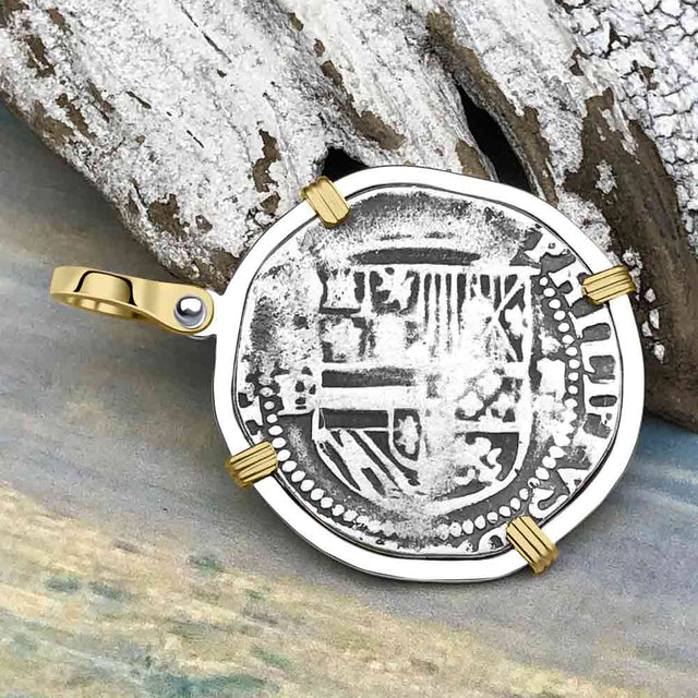 Atocha Era Land Find Spanish 2 Reale Piece of Eight 14K Gold and Sterling Silver Pendant
