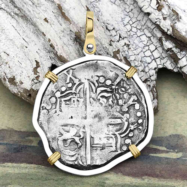 Atocha Era Land Find Spanish 4 Reale Piece of Eight 14K Gold and Sterling Silver Pendant | Artifact #7010