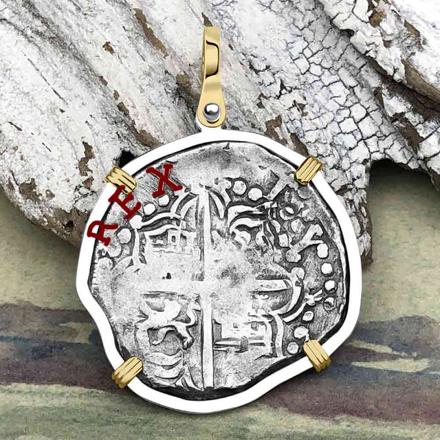 Atocha Era Land Find Spanish 4 Reale Piece of Eight 14K Gold and Sterling Silver Pendant | Artifact #7010
