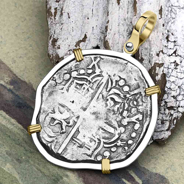 Atocha Era Land Find Spanish 4 Reale Piece of Eight 14K Gold and Sterling Silver Pendant | Artifact #7010