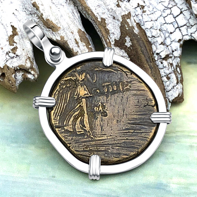 Ancient Greek Medusa & Nike Protection and Victory Bronze Coin 120 BC Sterling Silver Pendant