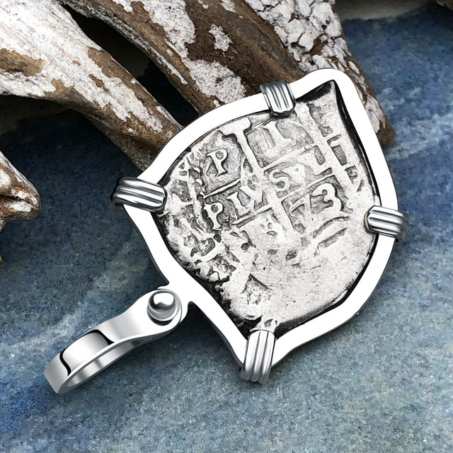 Heart Shaped 1673 Consolacion Shipwreck Pirate Era Spanish 1 Reale Piece of Eight 14K White Gold Pendant | Artifact #7046