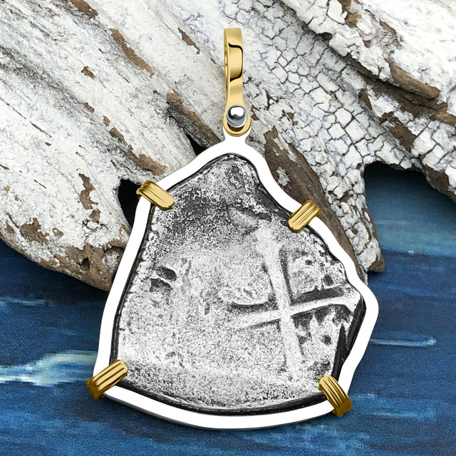 1715 Fleet Shipwreck Pirate Era Spanish 4 Reale Piece of 8 14K Gold and Sterling Silver Pendant