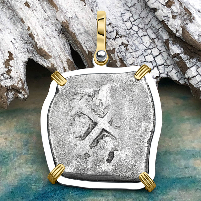 1715 Fleet Shipwreck Pirate Era Spanish 4 Reale Piece of 8 14K Gold and Sterling Silver Pendant