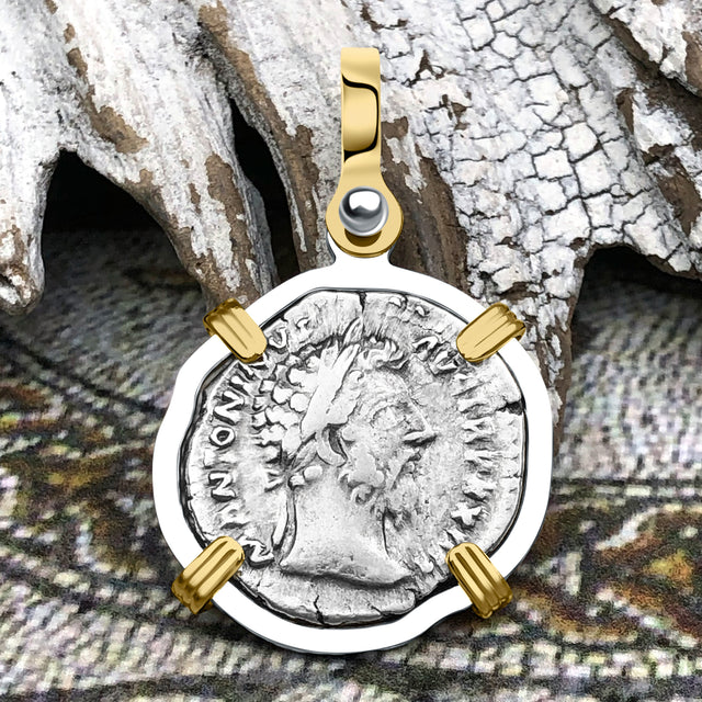 Roman Empire Silver Denarius Coin of Marcus Aurelius, the Philosopher Warrior 169 AD 14K Gold and Sterling Silver Pendant