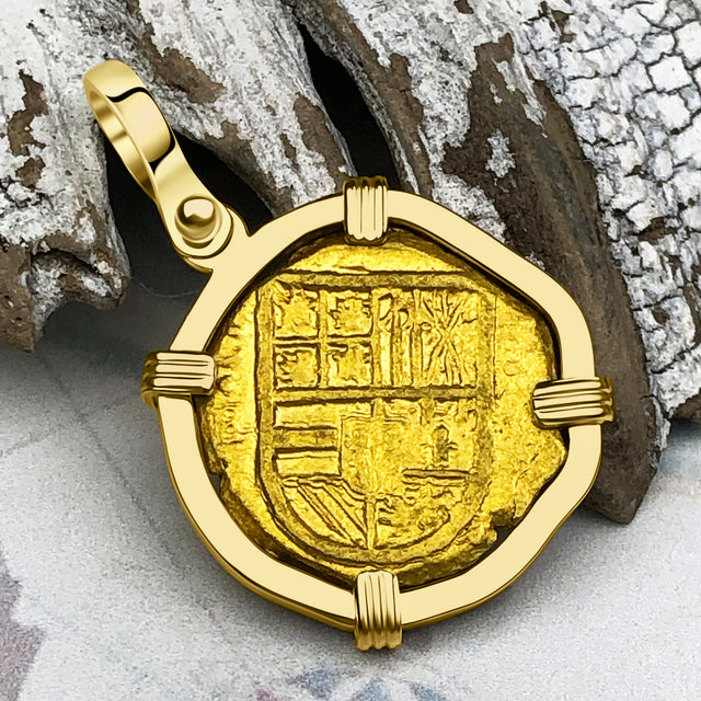 RARE Colombia 1631 22K Gold Two Escudo - the Legendary Doubloon - 18K Gold Pendant
