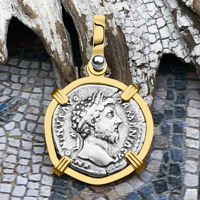 Roman Empire Silver Denarius Coin of Marcus Aurelius, the Philosopher Warrior 164 AD 14K Gold Pendant