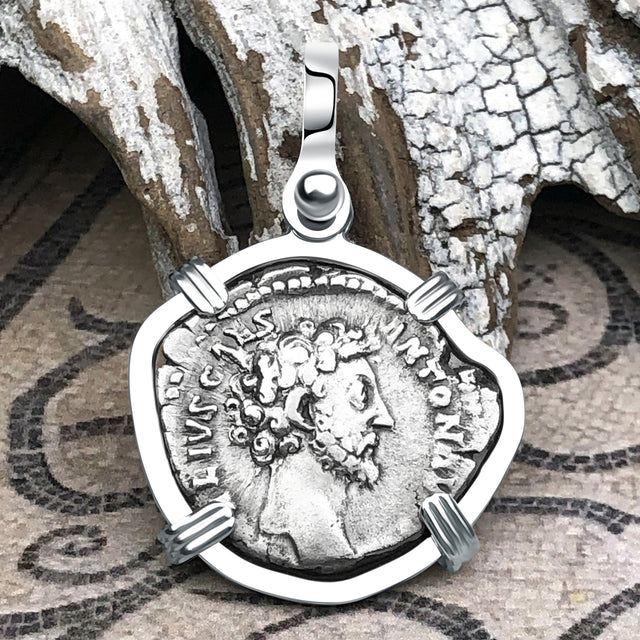 Roman Empire Silver Denarius Coin of Marcus Aurelius, the Philosopher Warrior 157 AD 14K White Gold Pendant