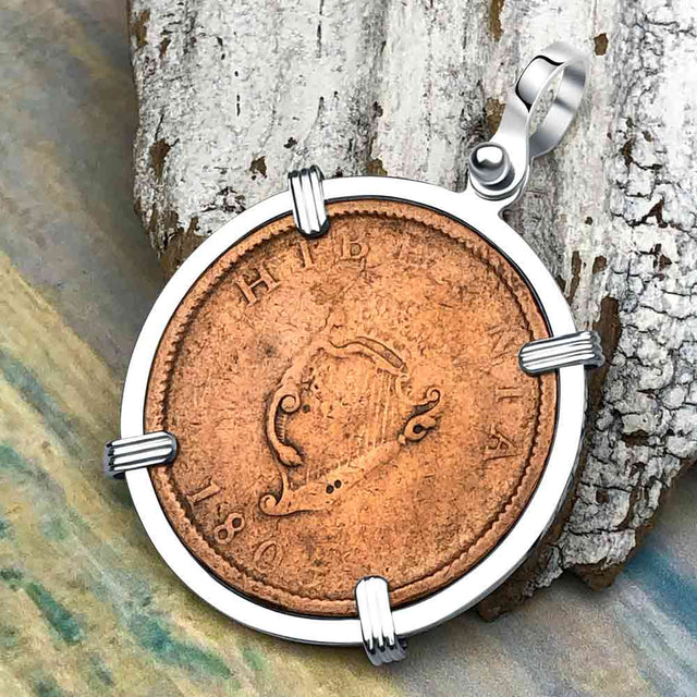 1805 Celtic Harp Irish Copper Half Penny Dublin Hoard Sterling Silver Pendant