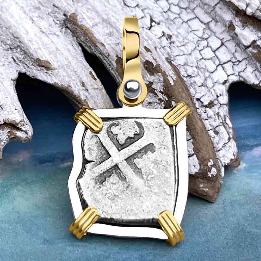 1715 Fleet Shipwreck Spanish 1 Reale &quot;Piece of 8&quot; 14K Gold &amp; Sterling Silver Pendant