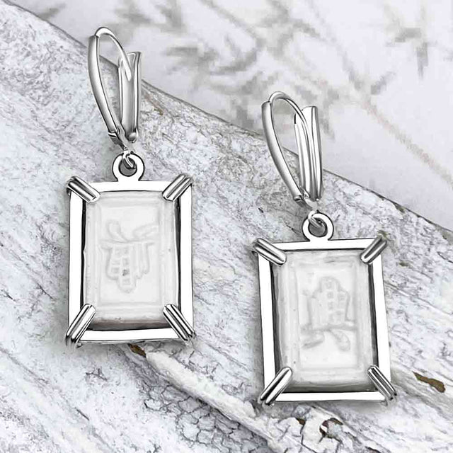 Siam Porcelain Gaming Token - from the Era of "The King & I" - Sterling Silver Earrings