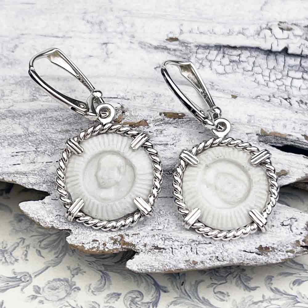 Siam Porcelain Gaming Token - from the Era of &quot;The King &amp; I&quot; - Sterling Silver Earrings