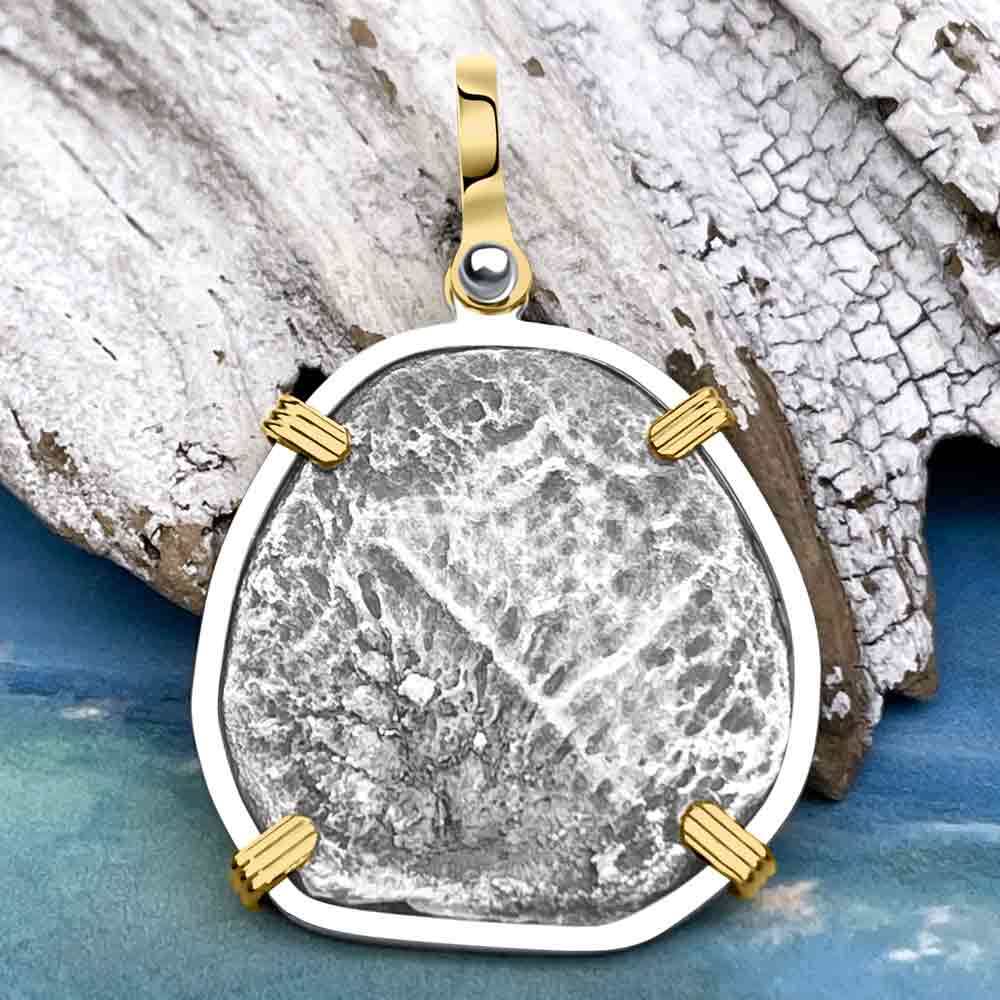 RARE Hand Signed Mel Fisher&#39;s Atocha 4 Reale Shipwreck Coin 14K Gold and Sterling Silver Pendant 