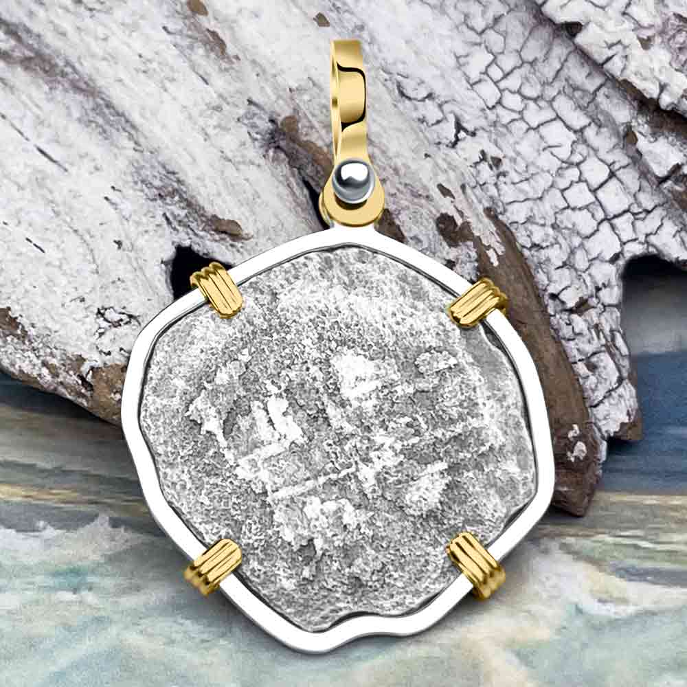 RARE Hand Signed Mel Fisher&#39;s Atocha 4 Reale Shipwreck Coin 14K Gold and Sterling Silver Pendant 
