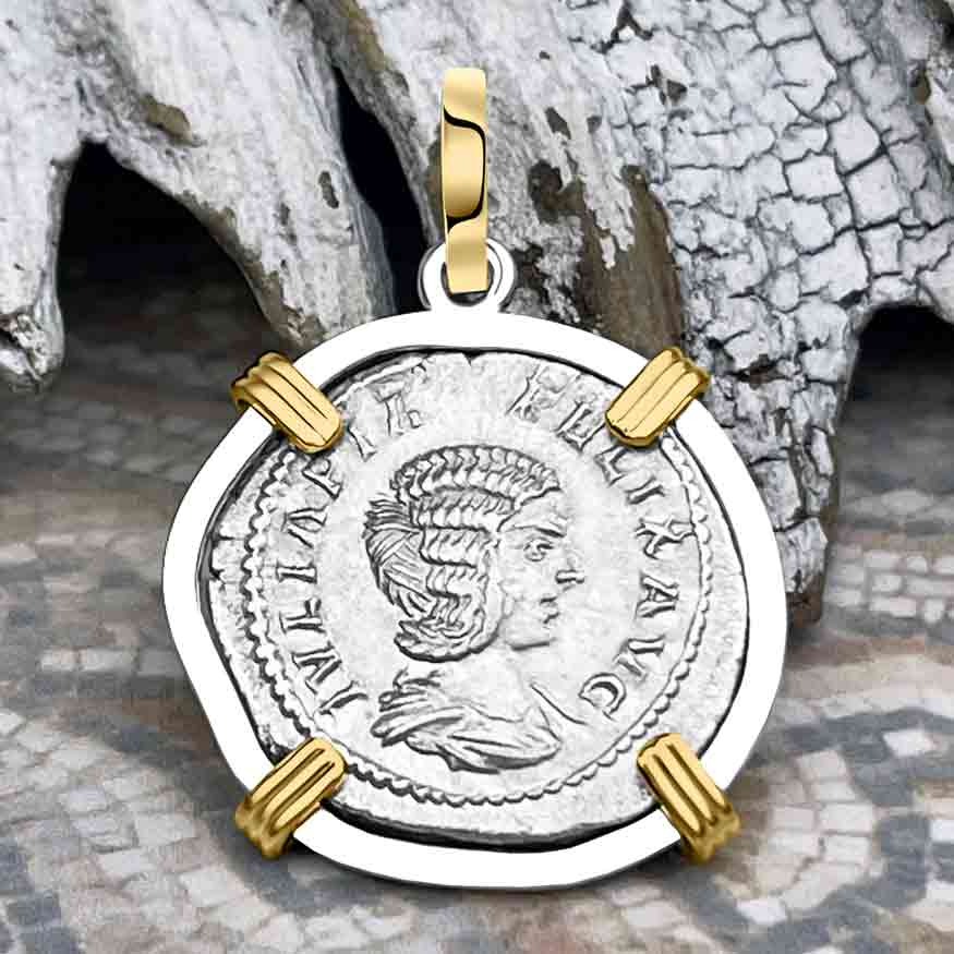 Roman Empire Silver Denarius Coin of Empress Julia Domna 211 AD 14K Gold & Sterling Silver Pendant
