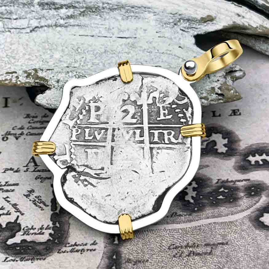 Pirate Era 1670 Spanish 2 Reale &quot;Piece of Eight&quot; 14K Gold and Sterling Silver Pendant 