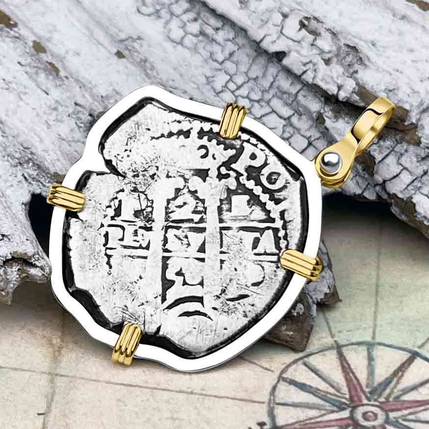 Pirate Era 1658 Spanish 2 Reale &quot;Piece of Eight&quot; 14K Gold and Sterling Silver Pendant