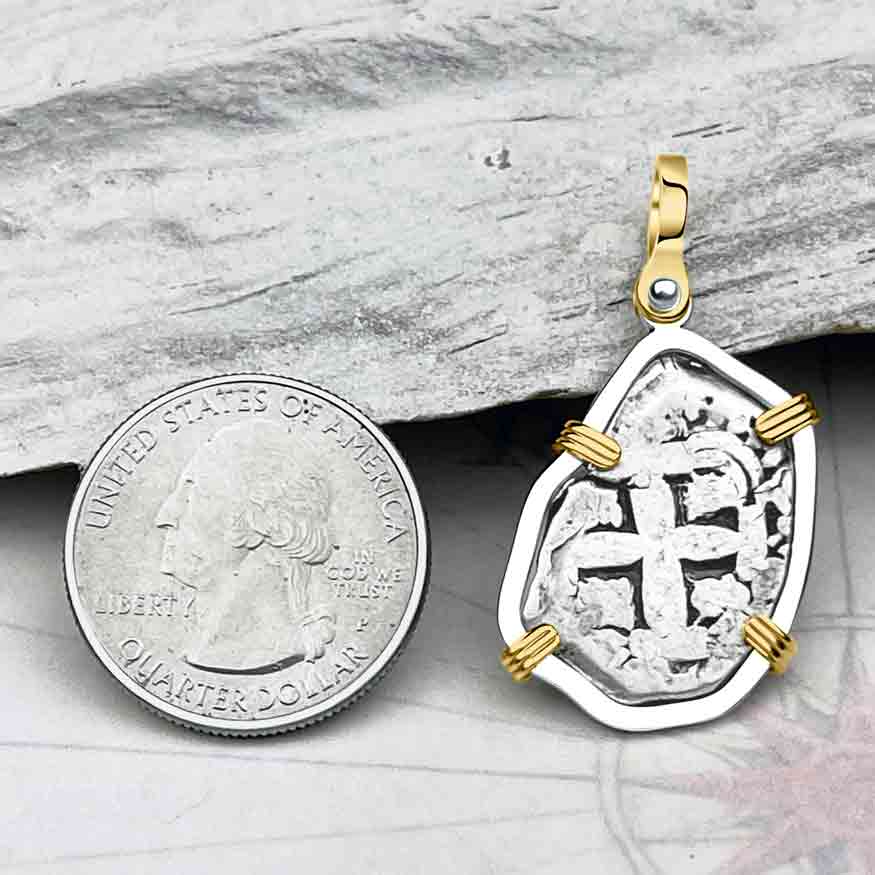 Pirate Era 1753 Spanish 2 Reale &quot;Piece of Eight&quot; 14K Gold and Sterling Silver Pendant