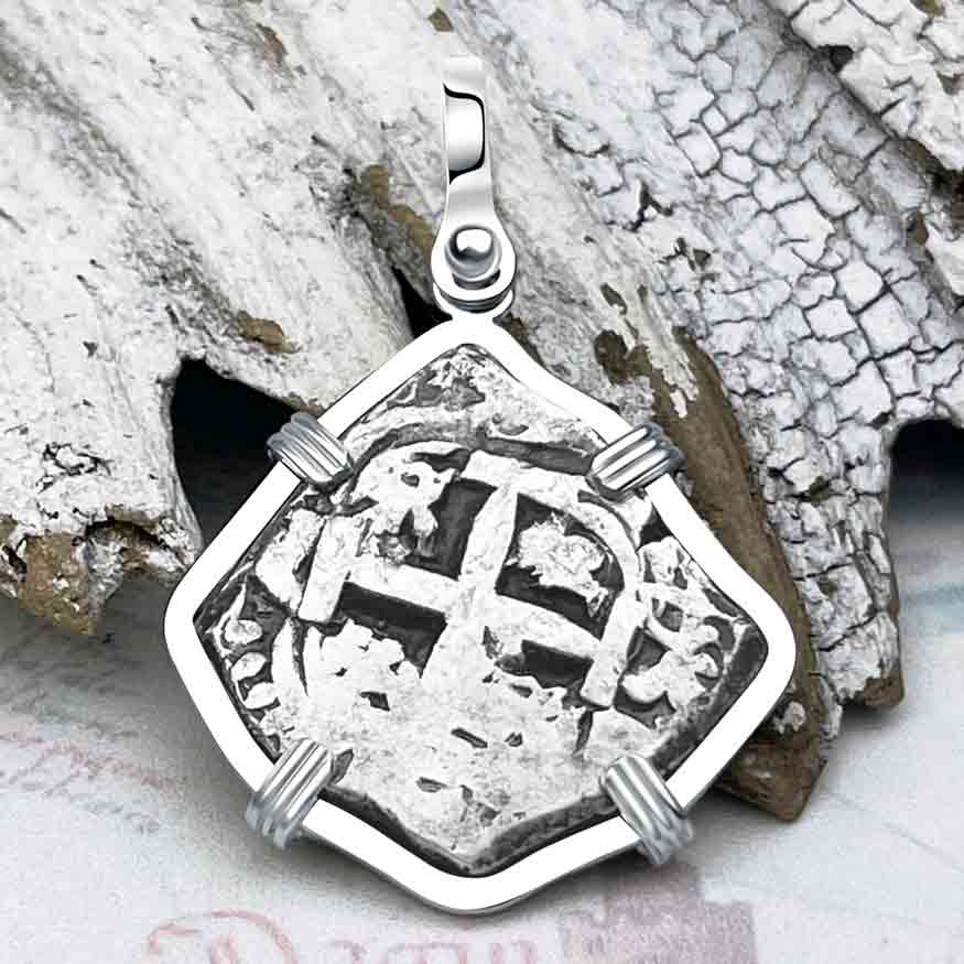 Pirate Era 1754 Spanish 2 Reale &quot;Piece of Eight&quot; 14K White Gold Pendant