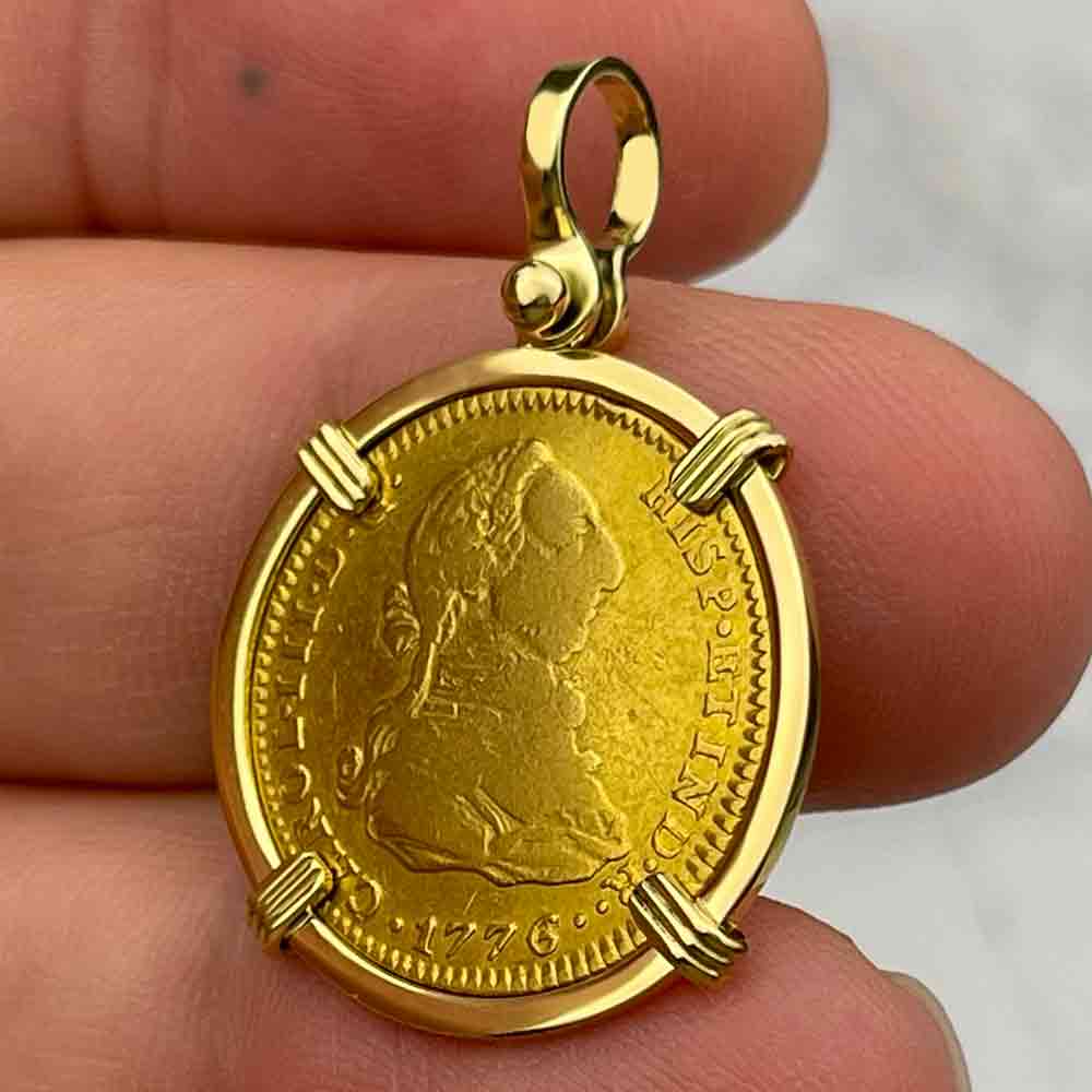 RARE 1776 Spanish 22K Gold Portrait 2 Escudo - the Legendary Doubloon - 18K Gold Pendant