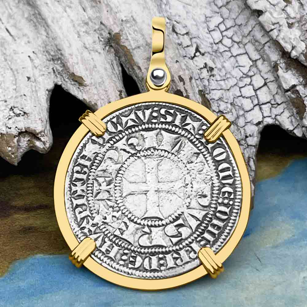 Templar Knights Era Medieval France Silver Gros Tournois circa 1290 Crusader Cross Coin 14K Gold Pendant