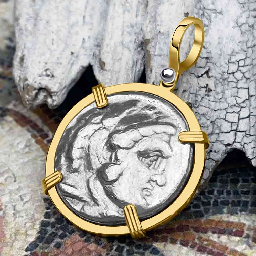 Ancient Greek Alexander the Great LARGE Silver Tetradrachm Coin 14K Gold Pendant 