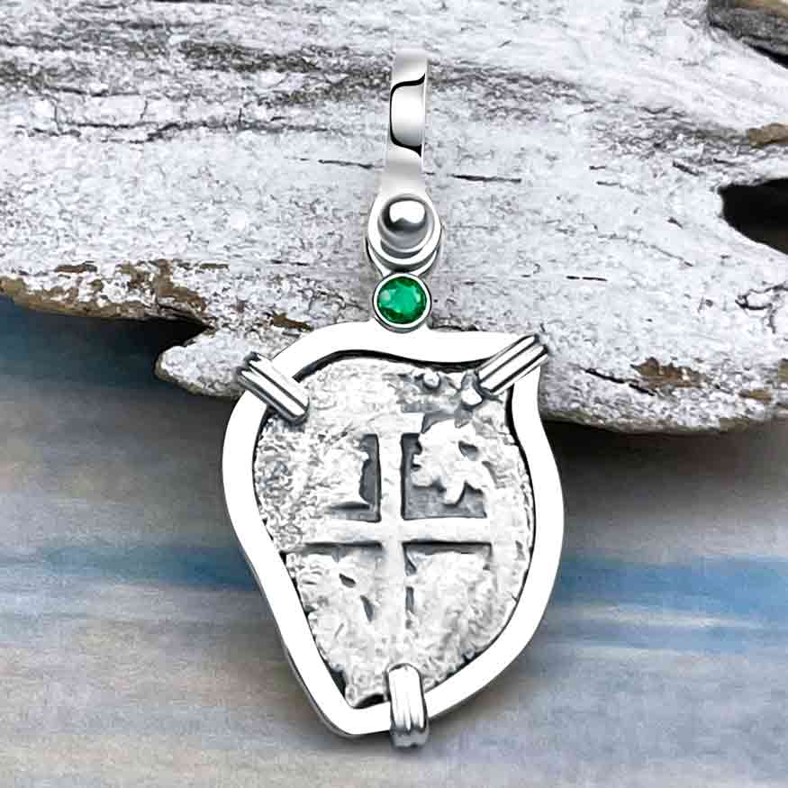 Heart Shaped dated 1719 Rimac River "Good Luck" Spanish 1/2 Reale "Piece of Eight" Sterling Silver with Emerald Pendant