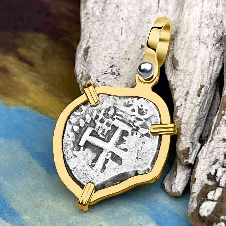 1739 Rimac River "Good Luck" Spanish 1/2 Reale "Piece of 8" 14K Gold Pendant