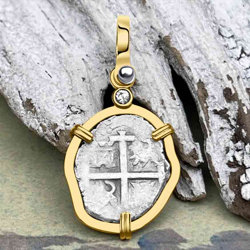 1738 Rimac River "Good Luck" Spanish 1/2 Reale "Piece of 8" 14K Gold Pendant with White Sapphire